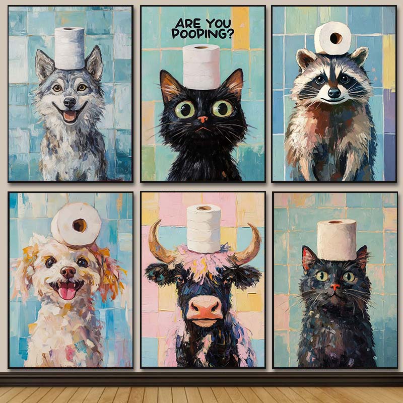Home Bathroom Wallpaper - Pintura a Óleo de Animais Fofos