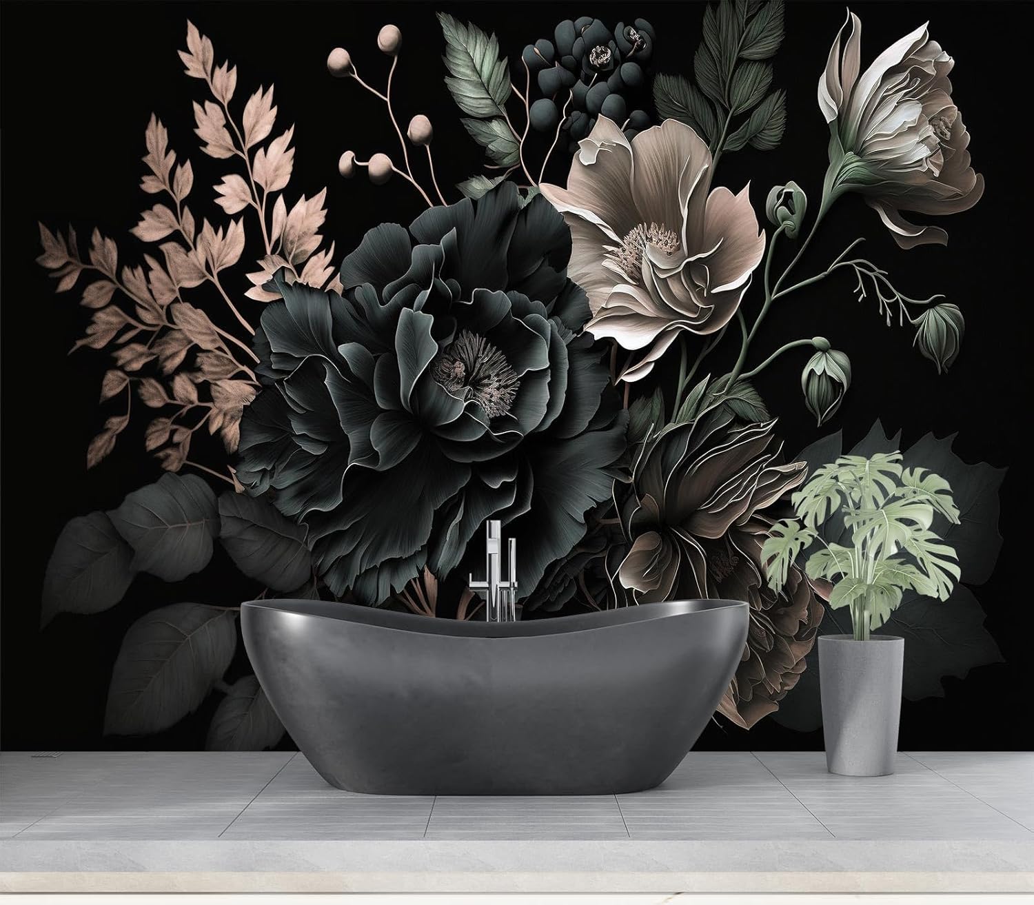 Home Bathroom Wallpaper - Tapeçaria Dramática Floral Escura com Peônias,